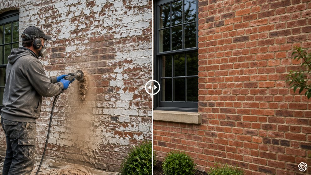 Before and after shot of a South West London home’s facade, revealing original brickwork and enhanced charm after expert paint removal by Dynamic Restoration Ltd.
