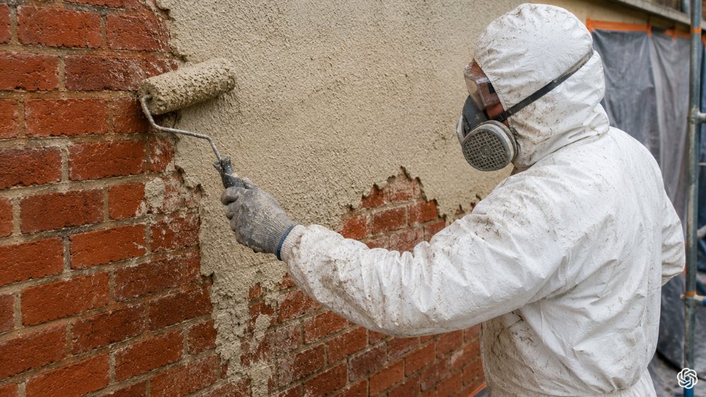 professional painter holding a paint roller for rendering
