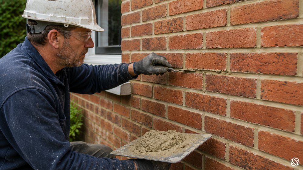 Man carrying out brick repointing on exterior house wall