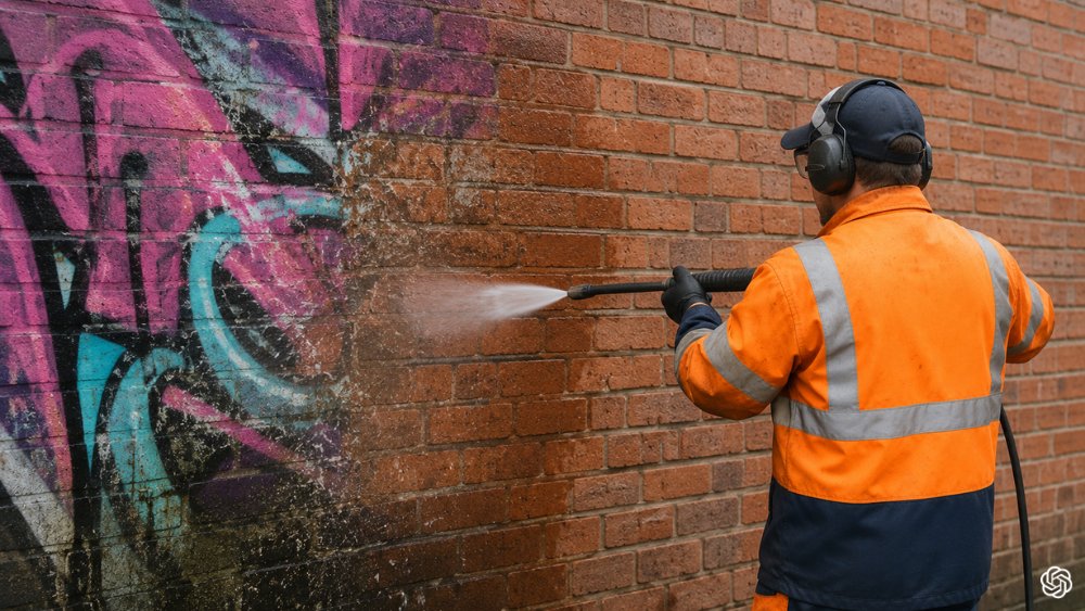 worker cleaning and removing graffiti from the walls