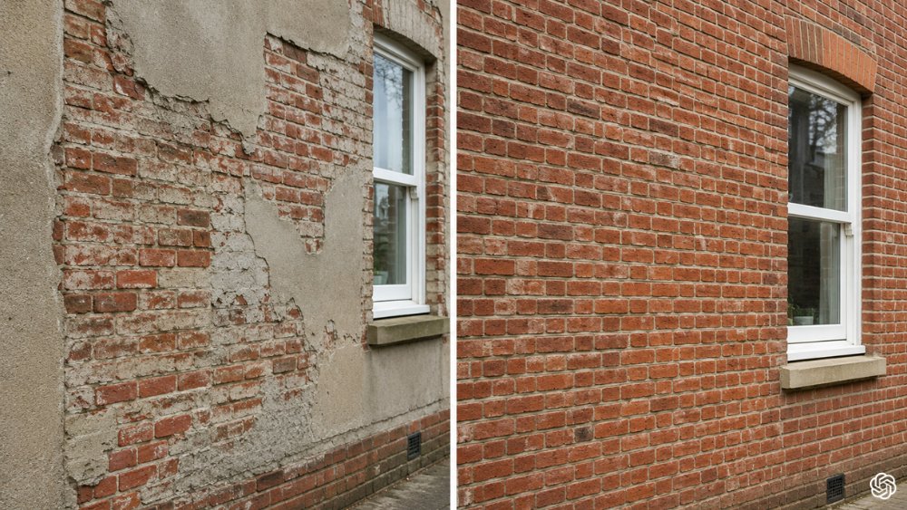 Brick exterior revealed after professional render removal showing restored natural masonry.