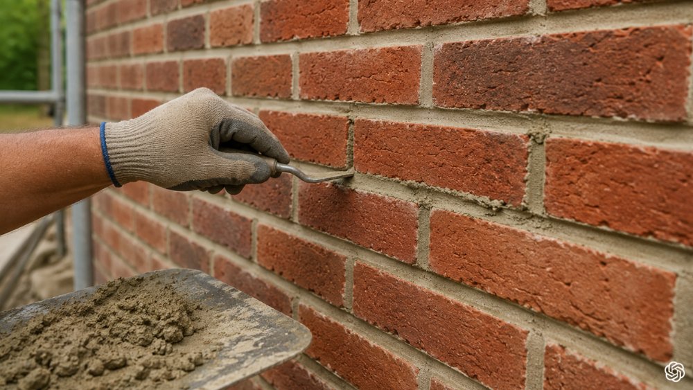 Close-up of brick wall mortar joints being renewed in a professional brick pointing service