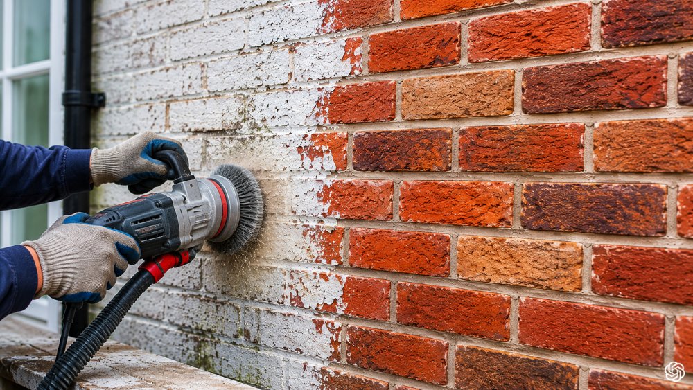 Masonry paint removal revealing natural brick surface to restore building walls