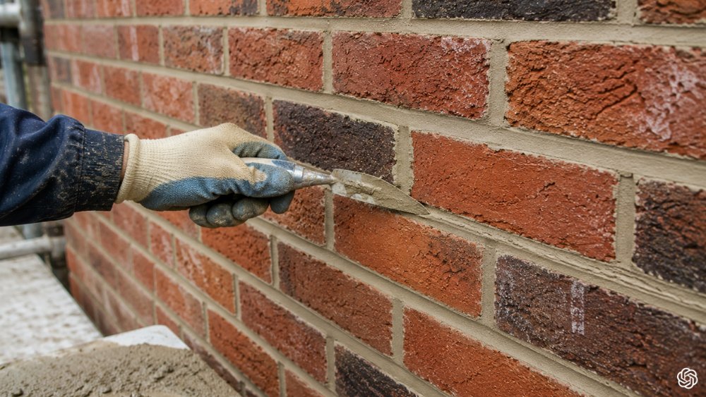Brick wall with fresh mortar pointing to ensure weather resistant, strong and durable exterior masonry