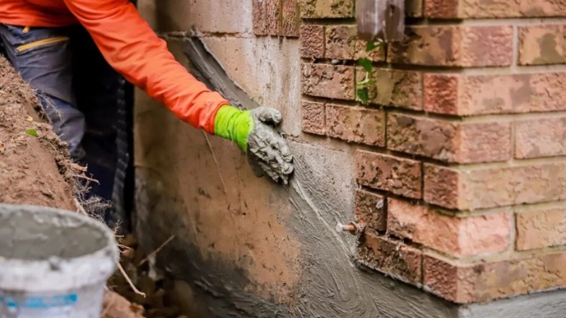 Mason repairing cracks between bricks on an aged wall