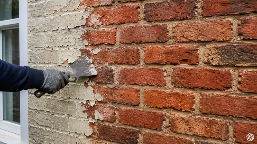Masonry paint removal restoring natural brick surface after removing old paint layers