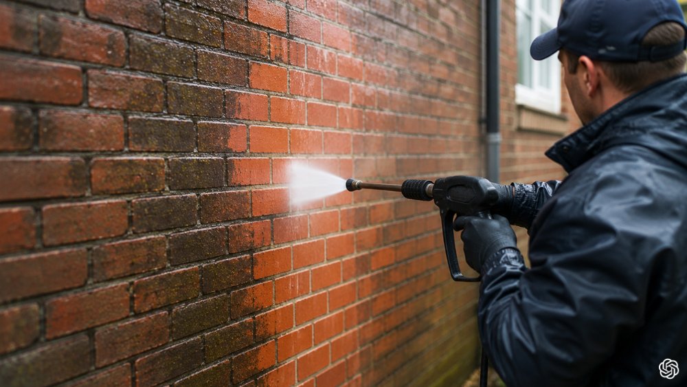 Brick wall under professional brick cleaning service showing restored clean masonry surface and original brick texture.