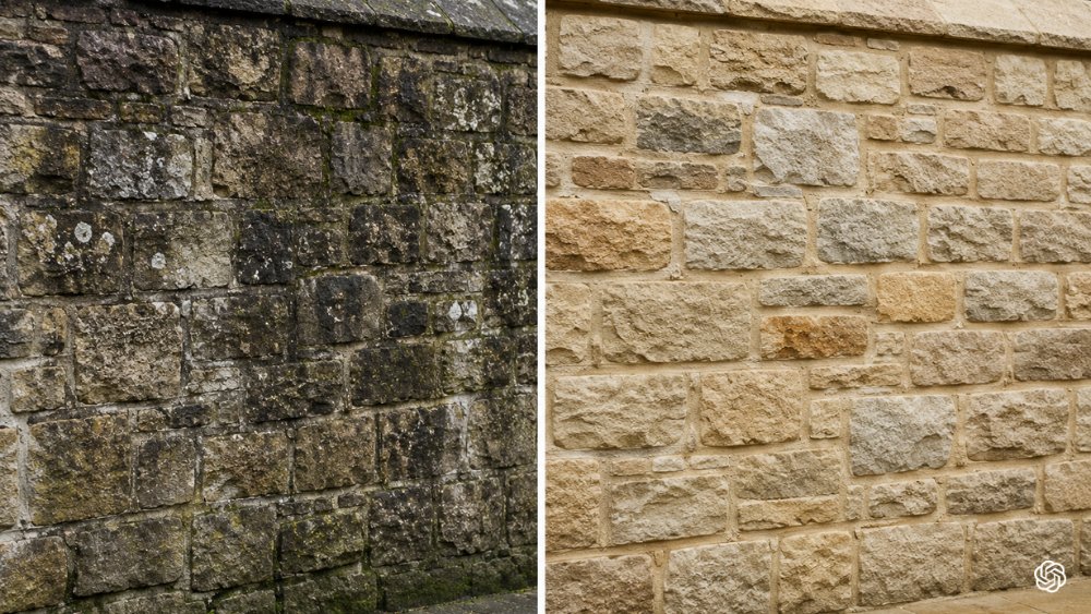 Natural stone wall under restoration showing before and after cleaning using gentle stone cleaning methods