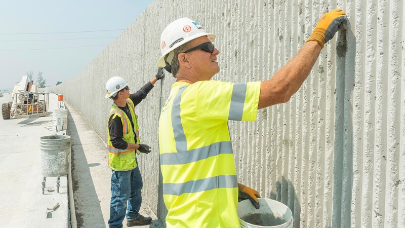 worker cleaning and removing graffiti from the walls