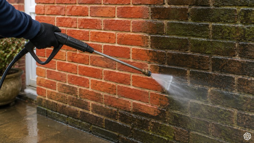 Brick wall undergoing brick cleaning service restoring natural brick texture and removing grime for durable, clean masonry exterior