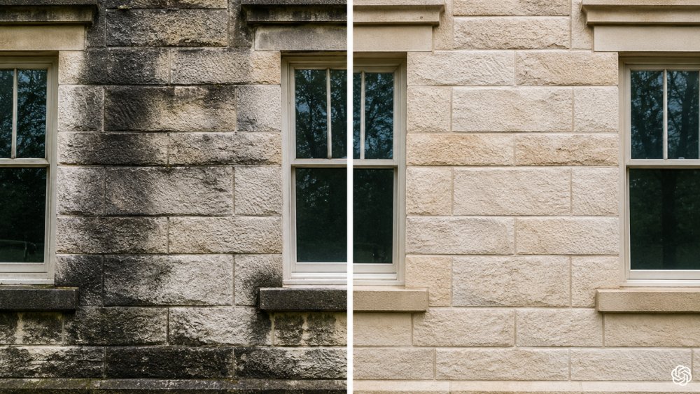 Historic stone facade cleaned to show restored detail and natural texture after professional stone cleaning.