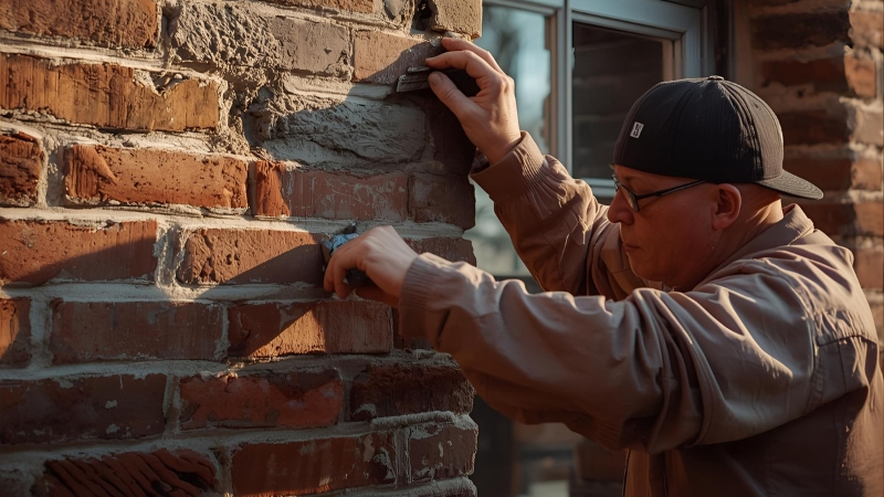 Brick wall mortar joints being renewed in brick pointing service to restore weather resistance and structural strength