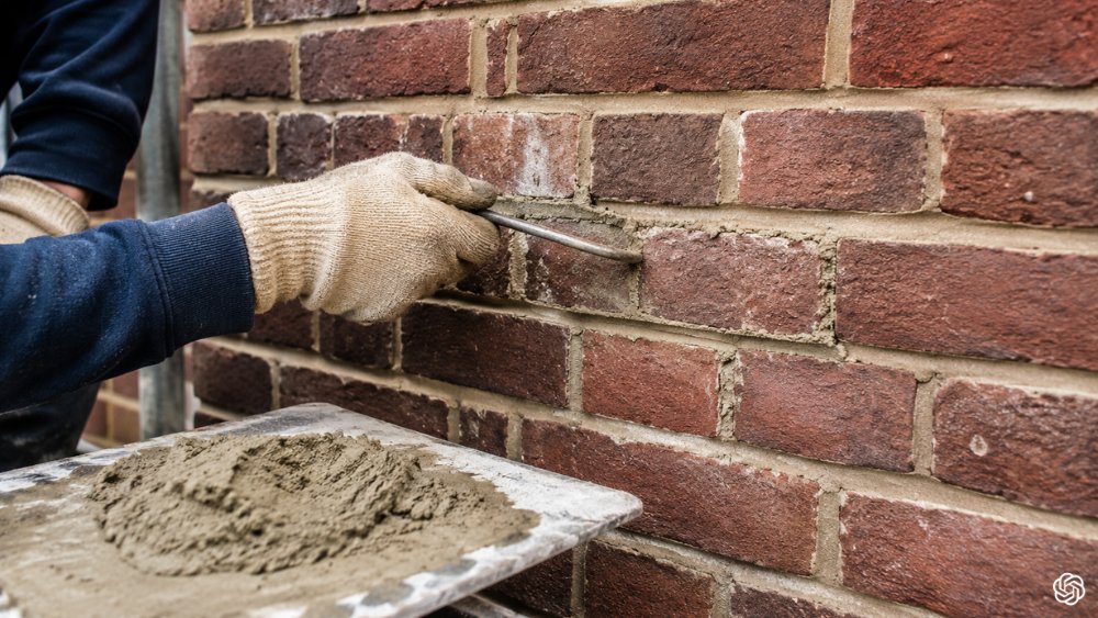 Brick wall mortar joints being renewed in brick pointing service to restore weather resistance and structural strength