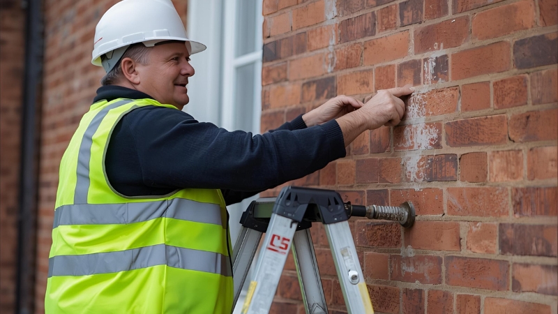 Close-up of brick wall mortar joints being renewed in a professional brick pointing service