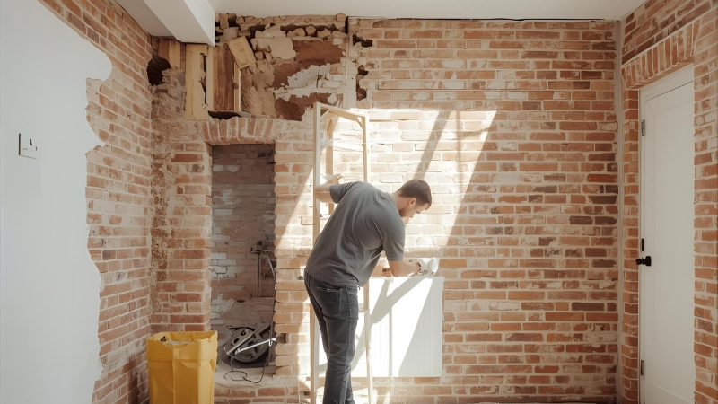 Brick exterior revealed after professional render removal showing exposed masonry facade and clean restored wall