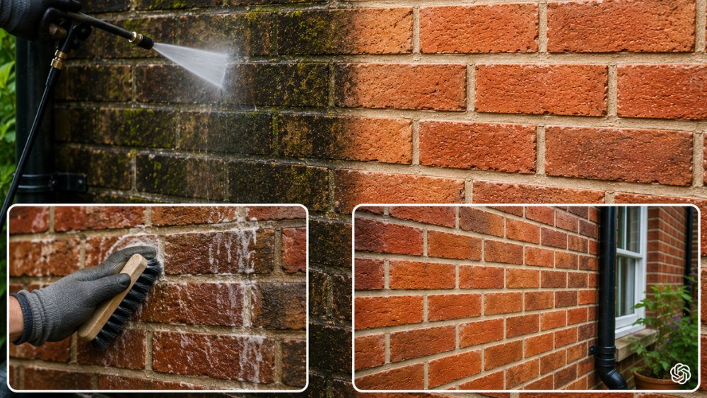 Exterior brickwork restoration showing professional brick cleaning in progress with clean and vibrant wall finish reflective of expert brick cleaning practices