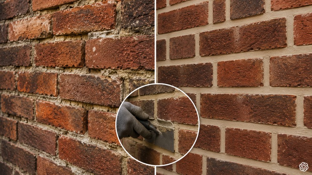 Professional repointing of brickwork showing skilled mortar repair restoring strength, breathability and long term protection to masonry walls