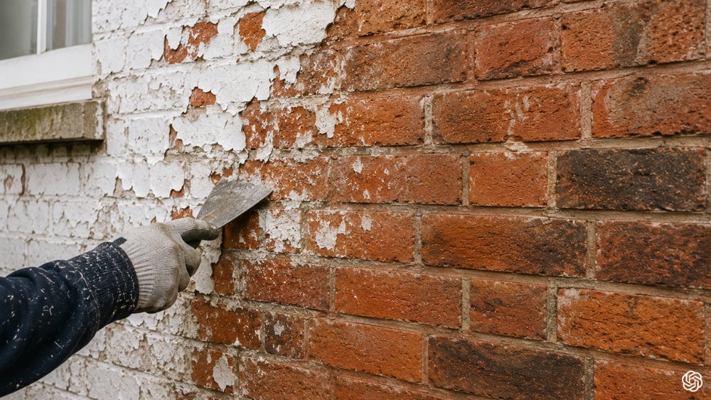 Exterior paint removal showing professional stripping of old paint from masonry and brick surfaces revealing clean stable wall paint removal expertise