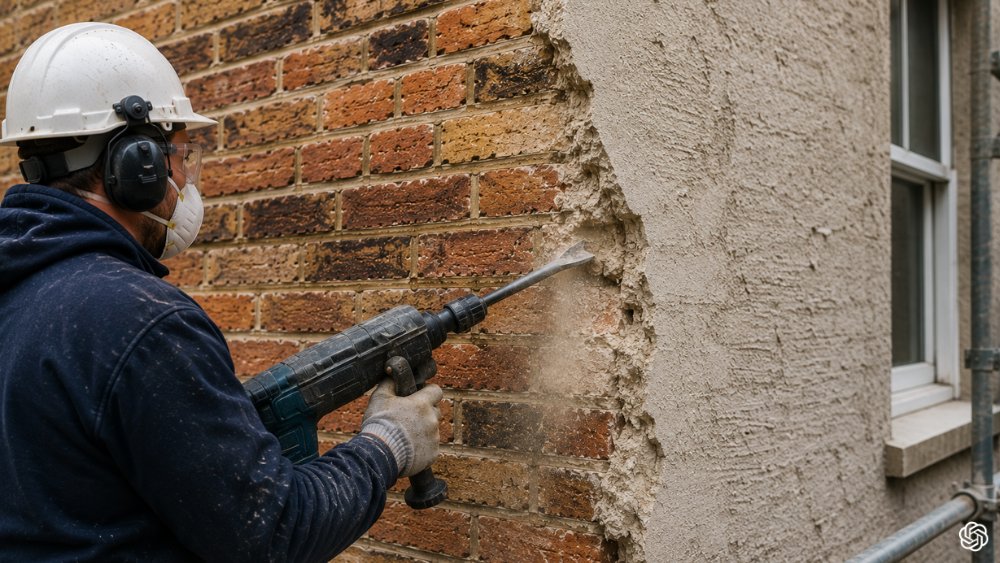 Careful render removal revealing original brickwork beneath, showing skilled render removal work that protects wall structure and long term building health