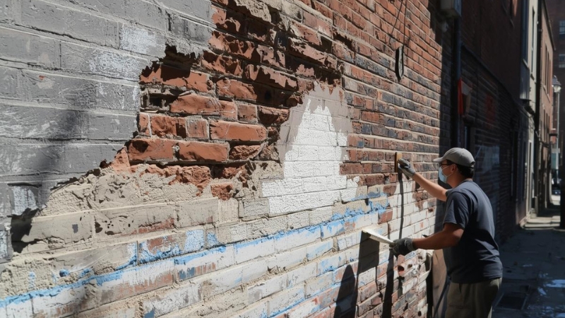 Exterior paint removal showing professional stripping of old paint from masonry and brick surfaces revealing clean stable wall paint removal expertise