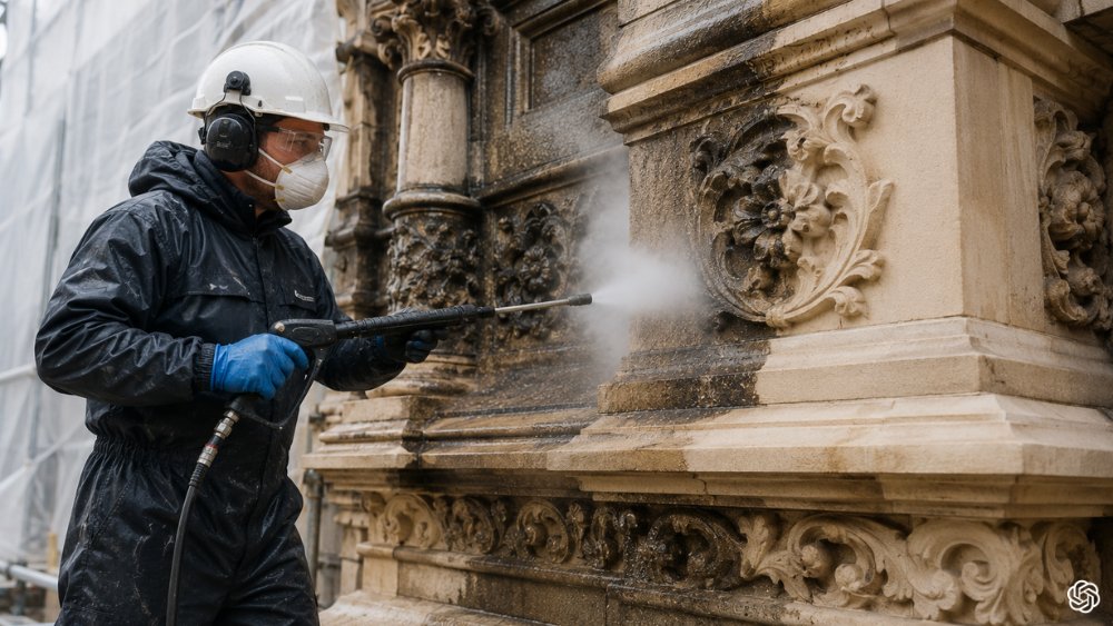 Stone cleaning London using chemical treatment on walls
