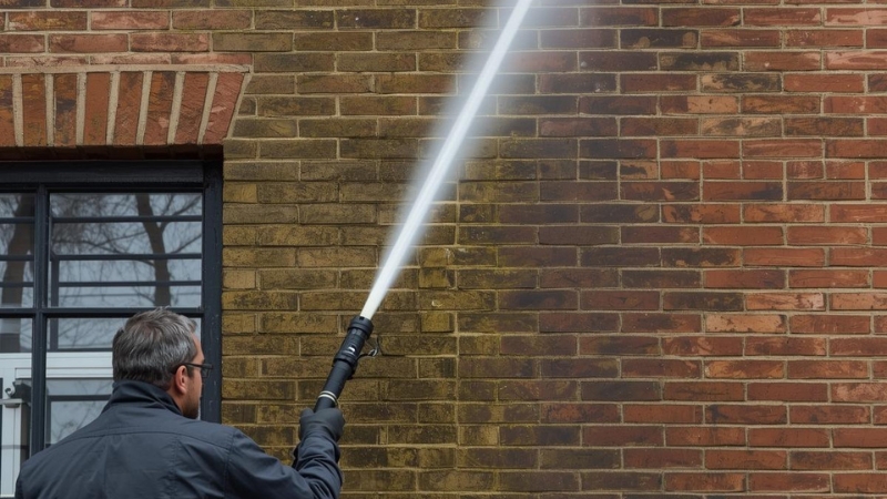 Brick Cleaning service removing dirt and stains from exterior brick wall