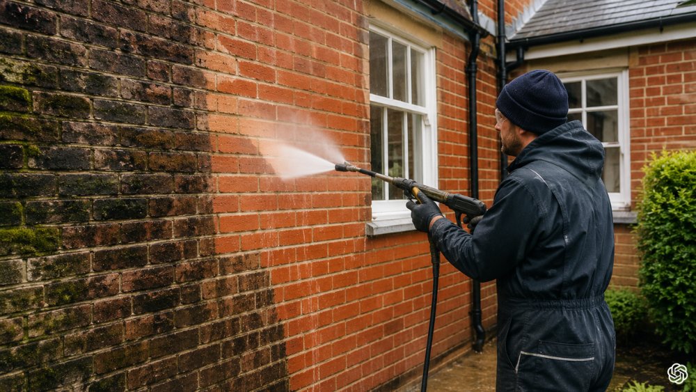 Brick Cleaning service removing dirt and stains from exterior brick wall