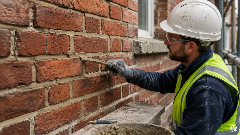 Workers carrying out repointing on exterior brick wall to repair damaged mortar joints
