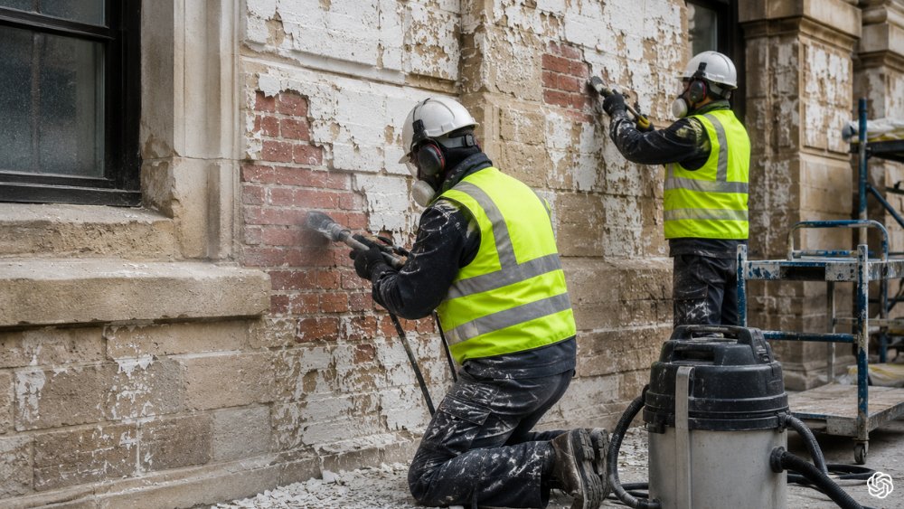 Paint removal from brickwork showing cleaning of exterior wall surface