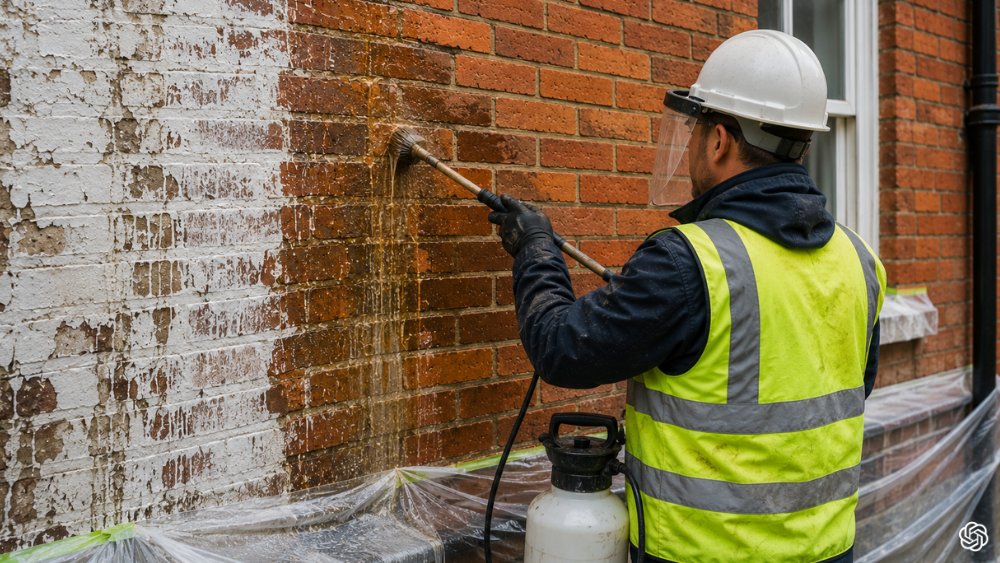 Expert chemical brick cleaning removing old paint from brick surface safely and evenly