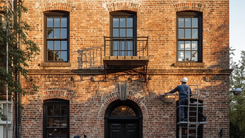 Workers carrying out exterior building restoration including surface cleaning and repointing
