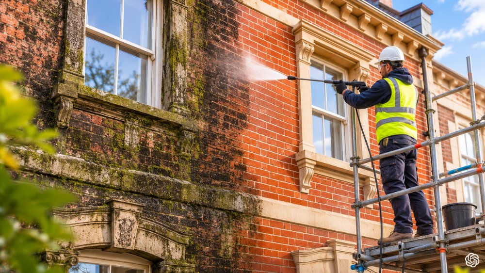 Workers carrying out exterior building restoration including surface cleaning and repointing