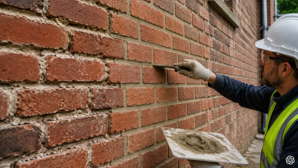 A close-up of a professional mason performing repointing on an old brick wall using lime mortar to restore structural integrity.