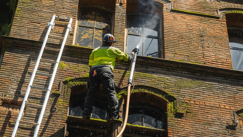 Professional technician using soft washing equipment to remove green moss and algae from a red brick wall, restoring the original masonry color.
