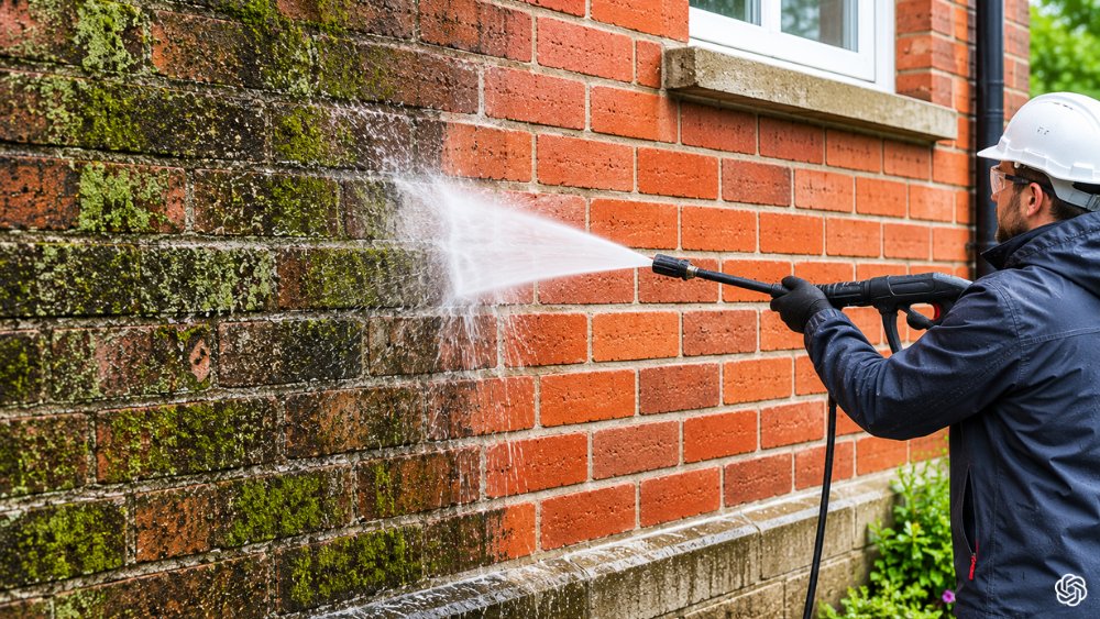 Professional technician using soft washing equipment to remove green moss and algae from a red brick wall, restoring the original masonry color.