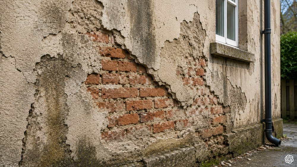 Peeling render with damp patches and surface cracks on property wall
