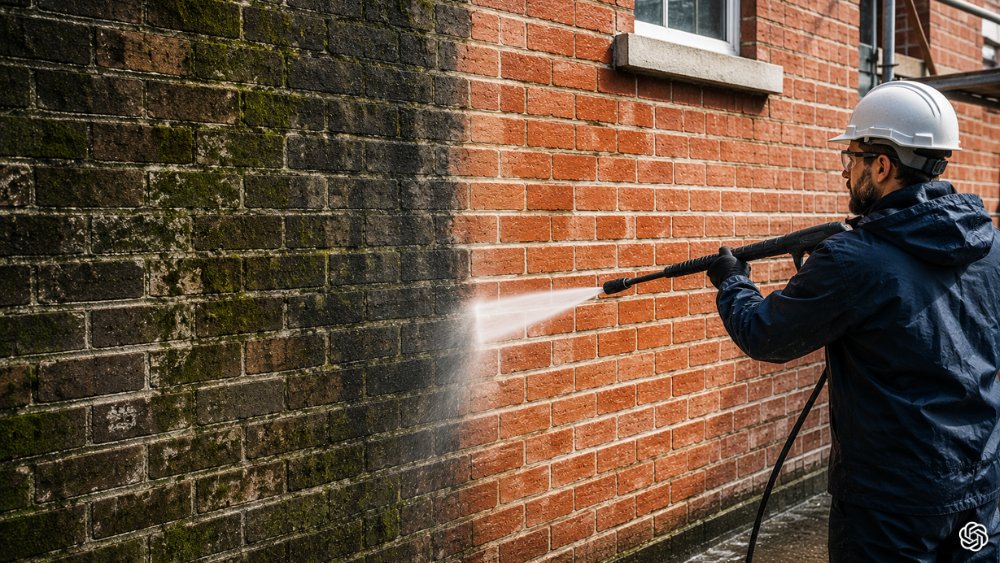 Brick cleaning service restoring stained brickwork affected by moss, algae and efflorescence
