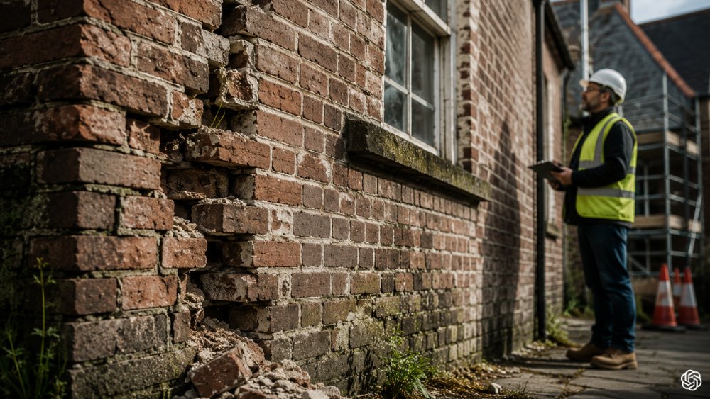 Brick wall with cracked and missing mortar showing signs that repointing is needed to prevent damp, structural damage, and costly repairs