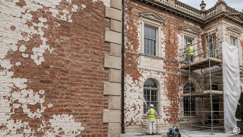 Historic masonry wall showing paint damage and trapped moisture issues due to ageing paint coatings.