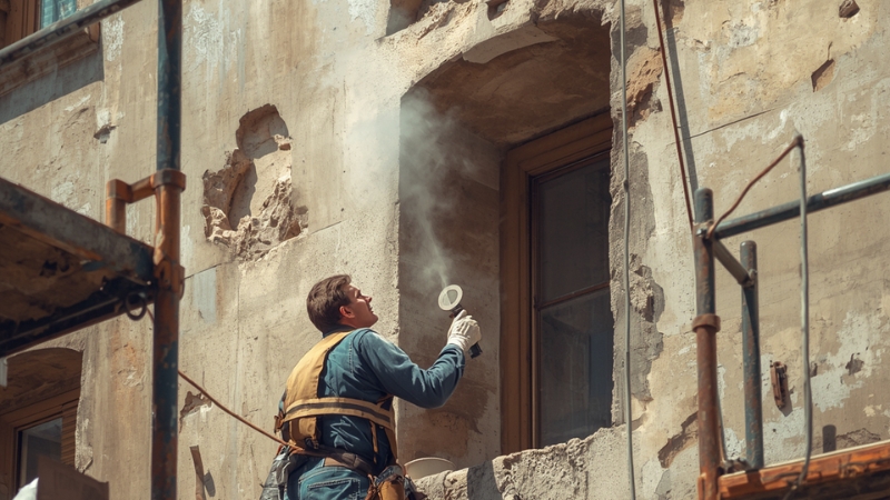 Chemical stone cleaning process removing pollution and algae from exterior stone walls safely.