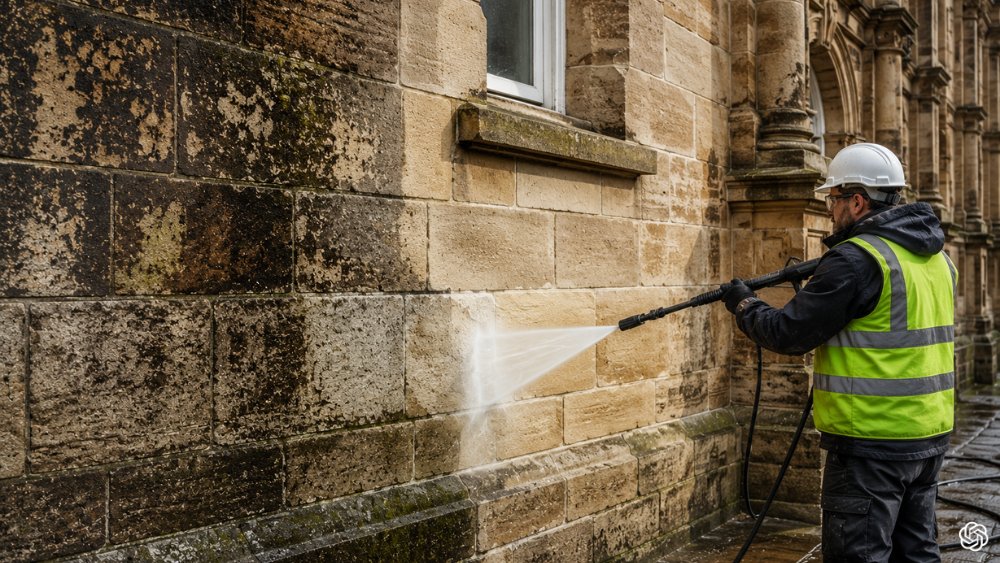 Chemical stone cleaning process removing pollution and algae from exterior stone walls safely.