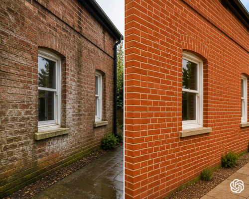 Before and after view of a brick facade revitalized by Dynamic Restoration Ltd, showcasing vibrant, clean brickwork on a South West London home.