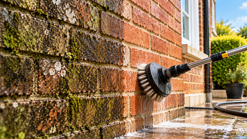 Brick cleaning restoring dirty brickwork by removing stains, moss and surface deposits to reveal the original colour and texture of a property's brick facade.