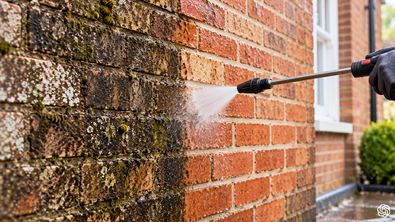 Brick Cleaning professional removing moss, dirt and weather stains from brickwork, revealing clean red brick beneath while carefully protecting the surface and mortar joints.
