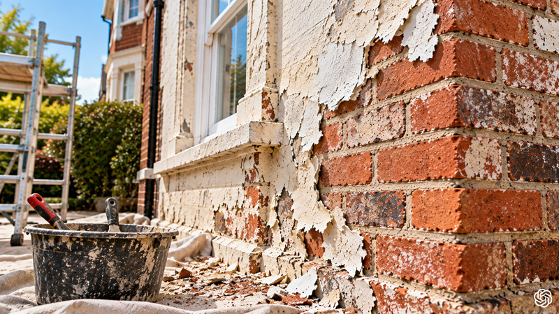 Professional Paint Removal from old brickwork, with a worker carefully scraping away peeling white paint to reveal the natural red brick wall surface while protecting the masonry from damage.