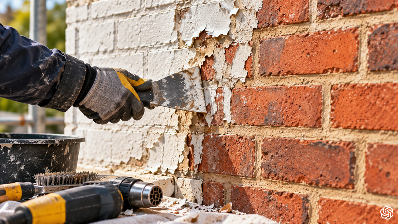 Paint removal from brickwork using a careful method to reveal the original masonry while protecting the surface from unnecessary damage.