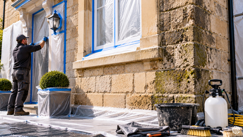 Property prepared for professional stone cleaning with protected windows, clear access and a historic stone facade ready for careful surface assessment and cleaning.