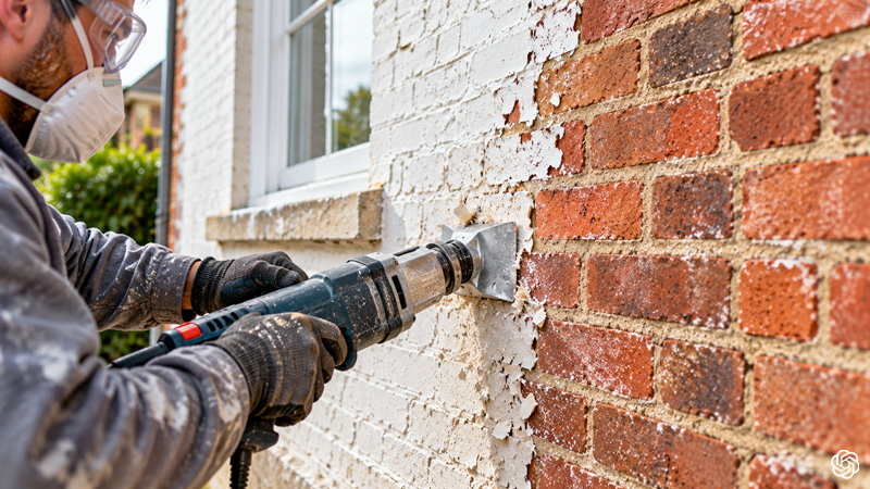 Professional brick cleaning removing old paint from an exterior brick wall while protecting the original brick face, mortar joints and natural masonry texture.