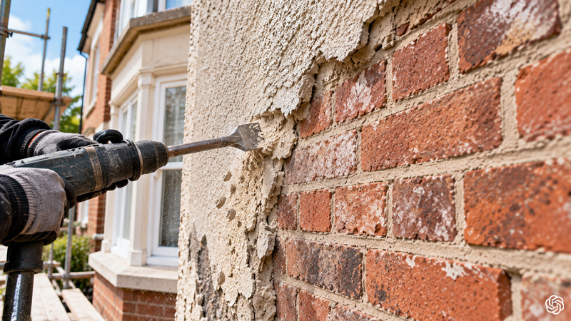 Render Removal on a London home, showing a worker carefully stripping damaged exterior render to reveal weathered red brickwork ready for inspection, cleaning, repair and restoration.