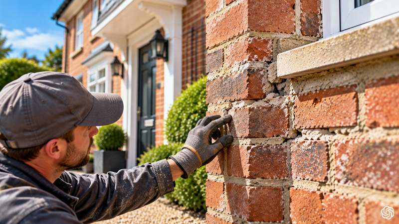 Brick wall showing cracked, crumbling and missing mortar joints, clear signs that brickwork needs repointing to protect the masonry from weather and damp.